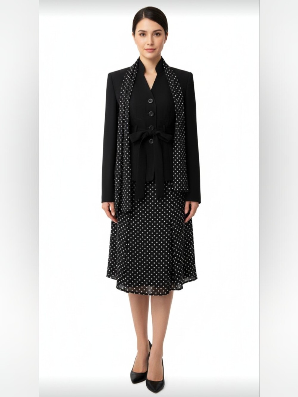 NWOT! EVAN PICONE! BLACK W/WHITE POLKA DOTS, 2 PC SKIRT & BELTED JACKET SUIT! 4P